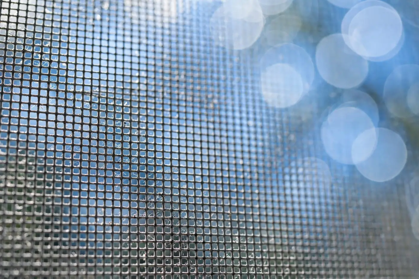 Close-up of window screen mesh with blue sky behind it